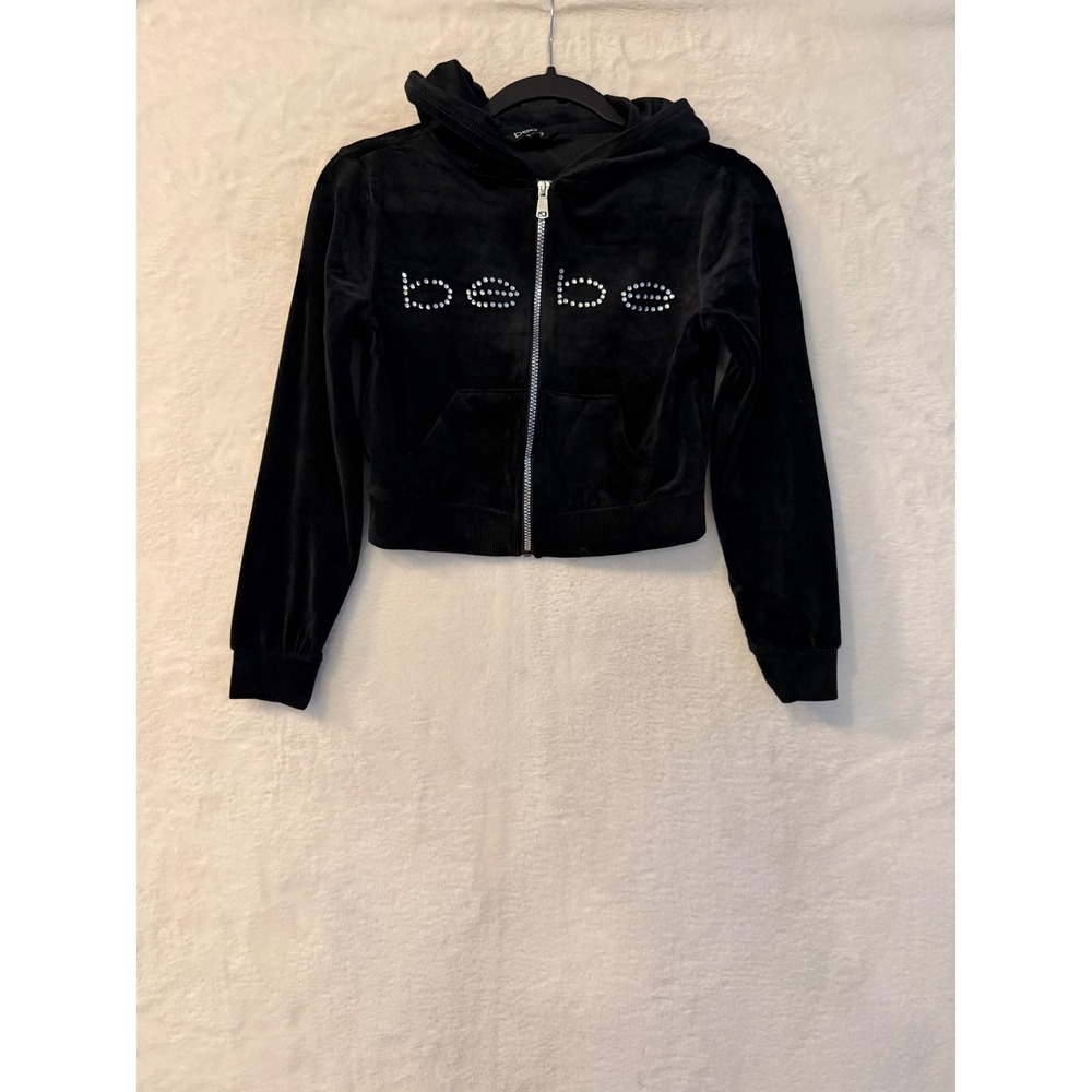 Bebe Velour Hoodie Womens Medium Black Rhinestone Logo Cropped Zip Up Jacket Y2K